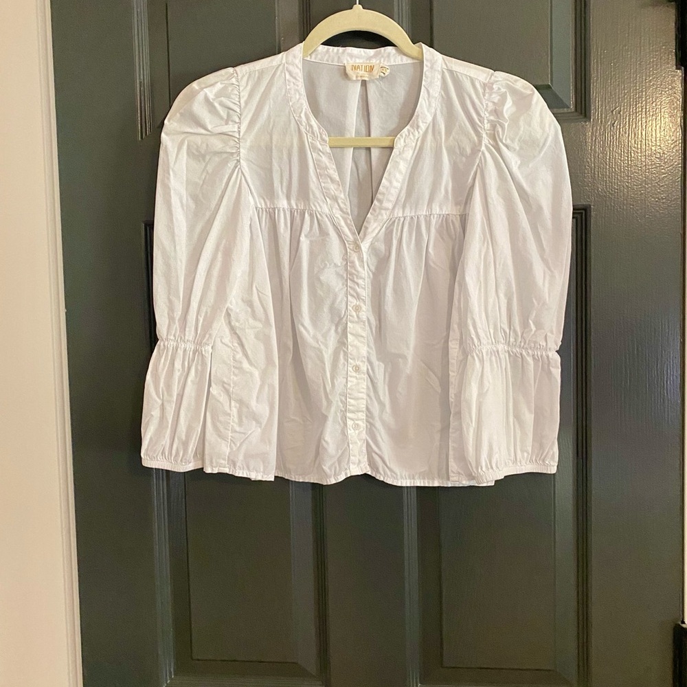 Nation LTD White Puff Sleeve Blouse with Ruffled Details